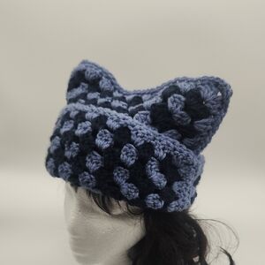 Handmade Unisex Granny Square Blue Crocheted Cat Ear Beanie Sack Hat Cat Hat
